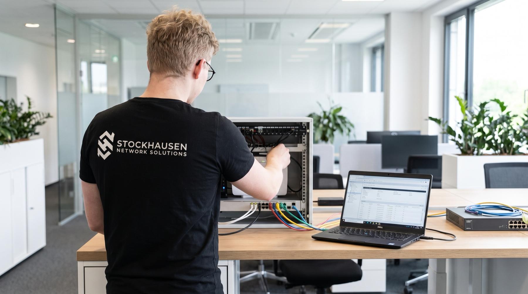 Max Stockhausen richtet die Technik in einem Büro ein